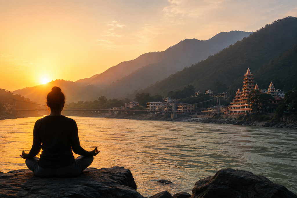 Serene sunrise over the Ganges river in Rishikesh inspiring yoga sequencing.