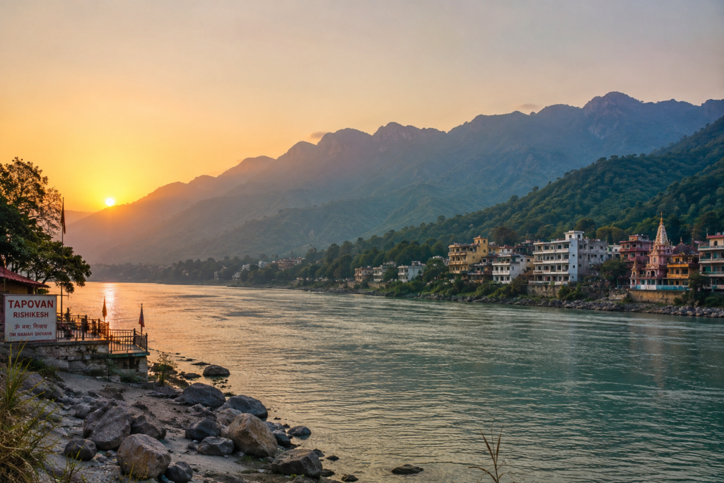 Scenic view of the Ganges river inspiring yoga lesson plan creation in Rishikesh.