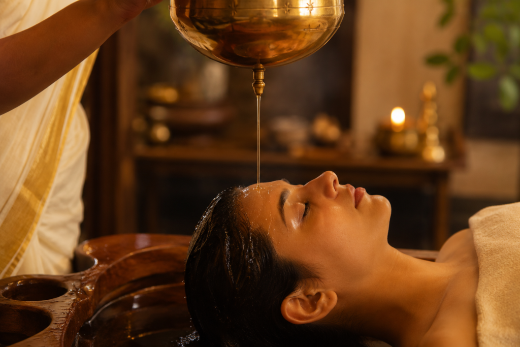 Traditional Shirodhara oil treatment at an Ayurveda yoga retreat Rishikesh.