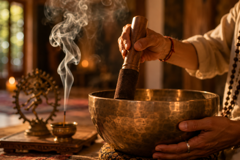 Using traditional singing bowls for nada yoga sound spiritual practice and deep inner acoustic healing.