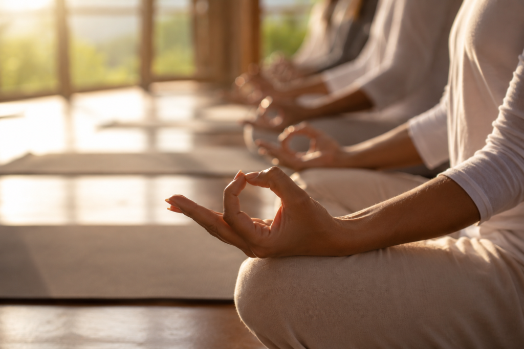 Hands in mudra during morning practice at a digital detox yoga retreat Rishikesh.