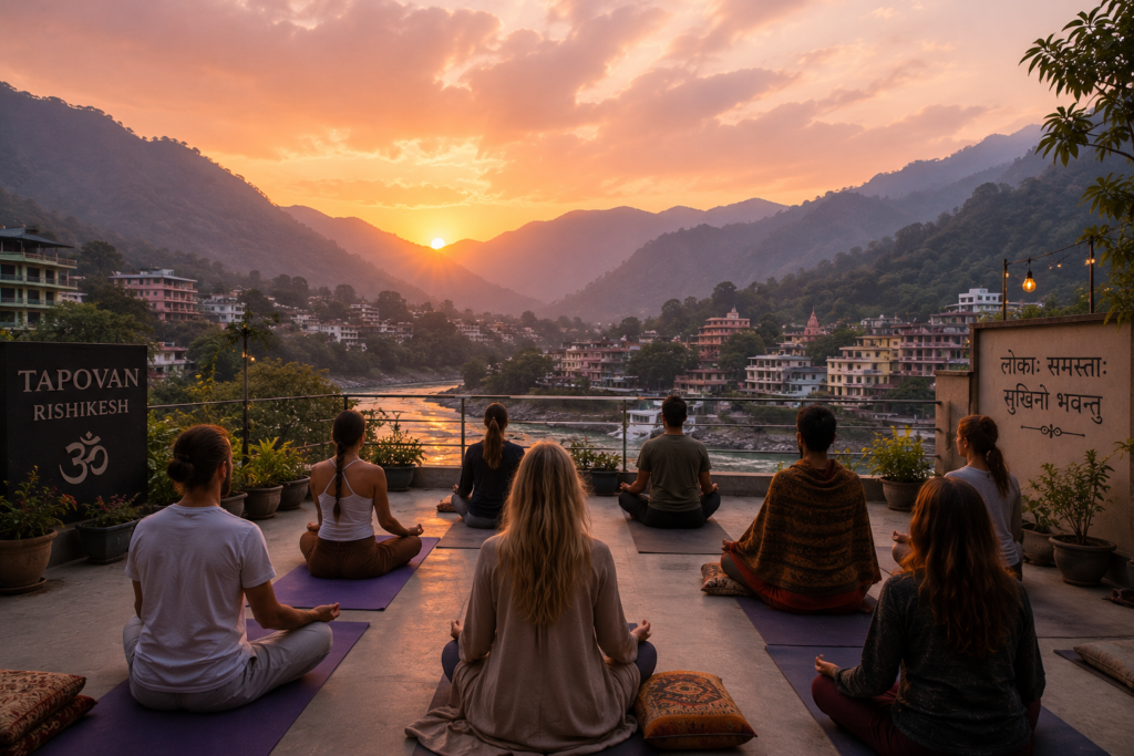 Yogis practicing traditional yoga language and meditation in Rishikesh.