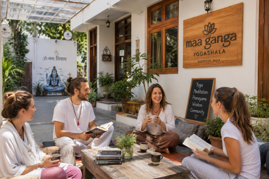 Students enjoying a tech-free wellness retreat in Rishikesh over tea and books.
File name: unplug-yoga-holiday-rishikesh-community