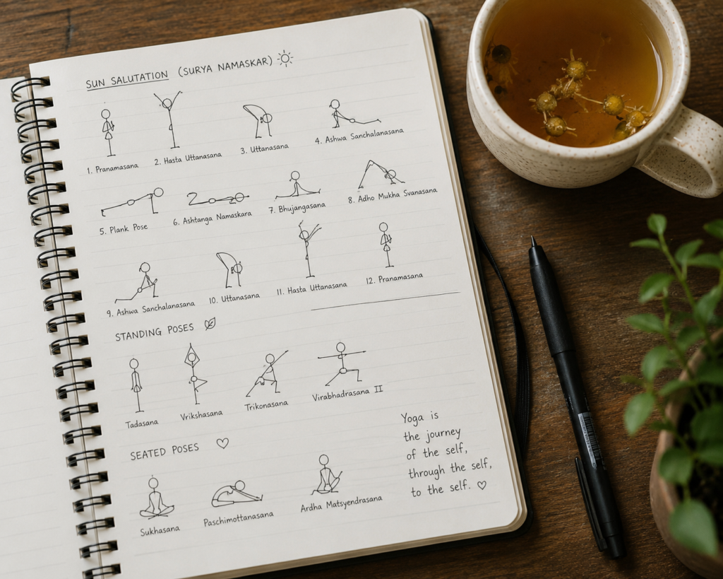 Notebook showing how to create yoga sequence after teacher training with stick figure drawings.