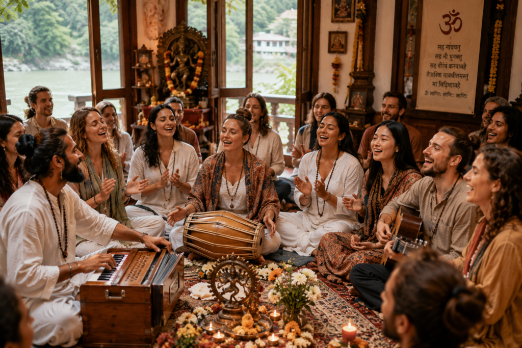 Dedicated students experiencing nada yoga sound spiritual practice during an intensive yoga teacher training in beautiful India.