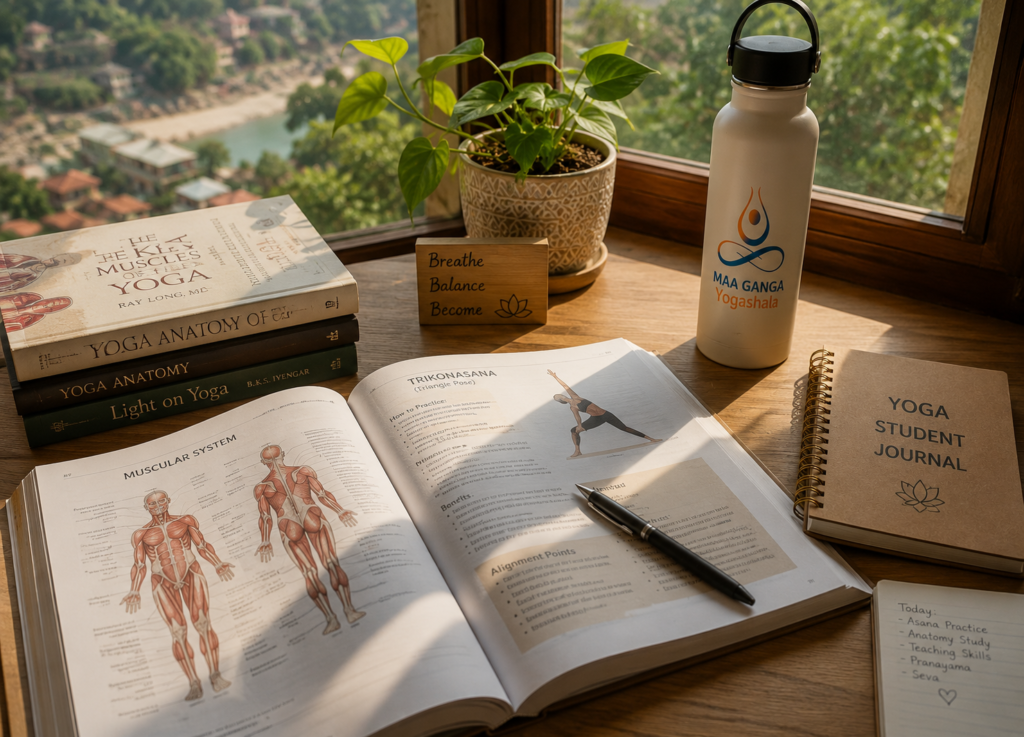 A quiet study desk setup inside comfortable accommodation during yoga teacher training Rishikesh.
