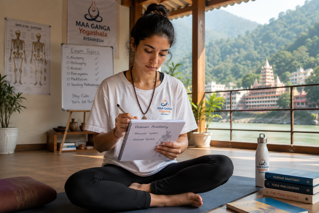 Student studying for their 100 hour YTT exam assessment evaluation in Rishikesh