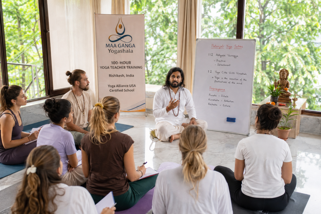 Maa Ganga Yogashala 100 hour YTT testimonials showing students learning in Rishikesh