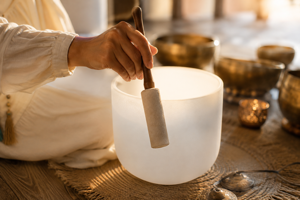 A facilitator playing a crystal singing bowl to demonstrate sound bath beginners what to expect.