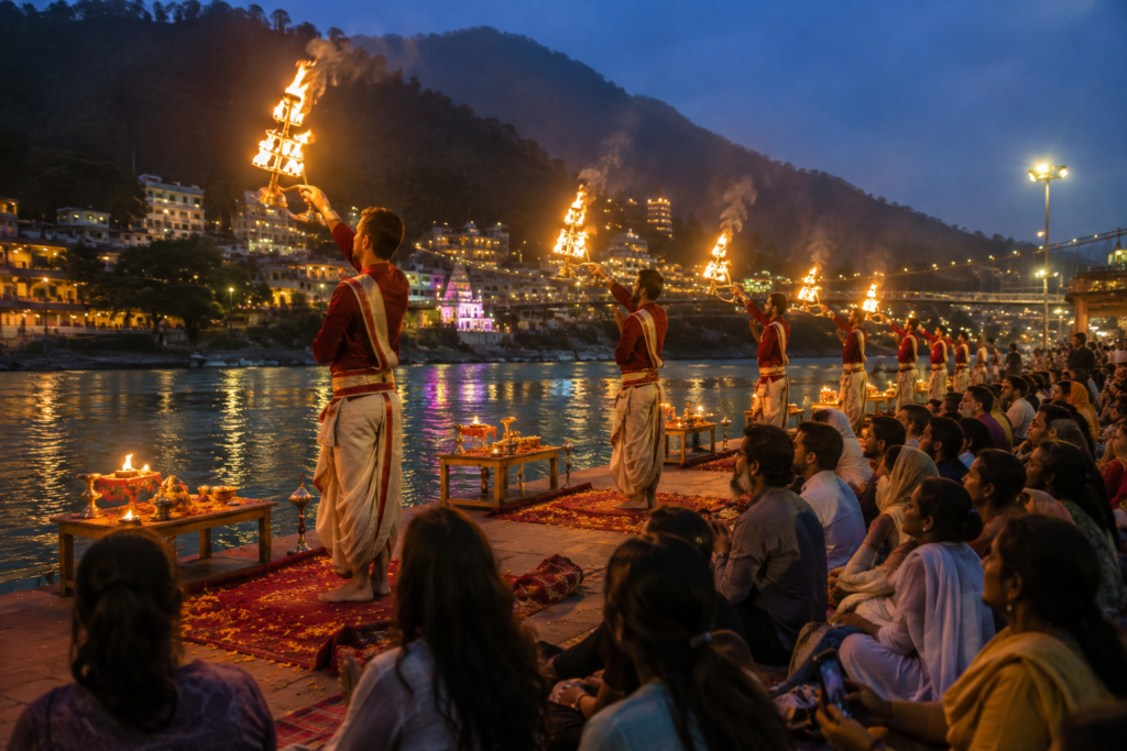 Evening Aarti ceremony reflecting Ganga river yoga spiritual significance in Rishikesh