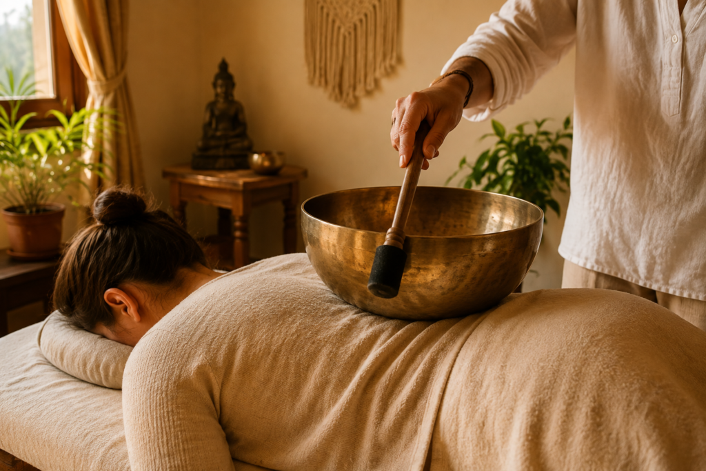 Practitioner performing personal sound therapy during a private sound healing session in Rishikesh.