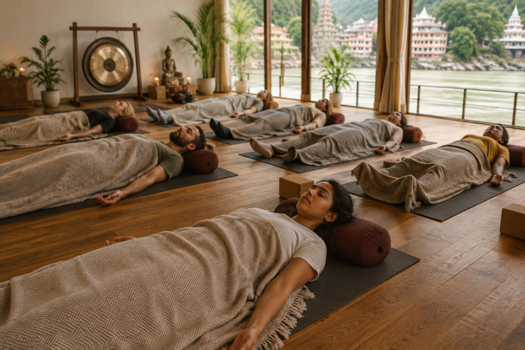 Group of relaxed students experiencing a holistic wellness session in Rishikesh.