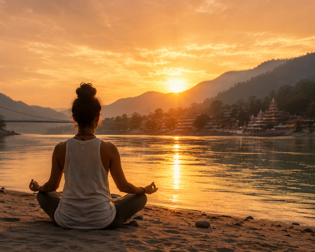 Meditating by the Ganges after completing intensive yoga classes in Rishikesh.