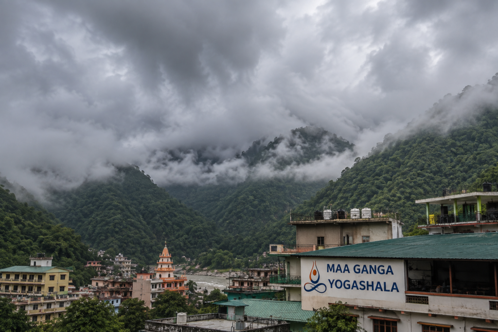 Monsoon season clouds over Rishikesh yoga ashrams