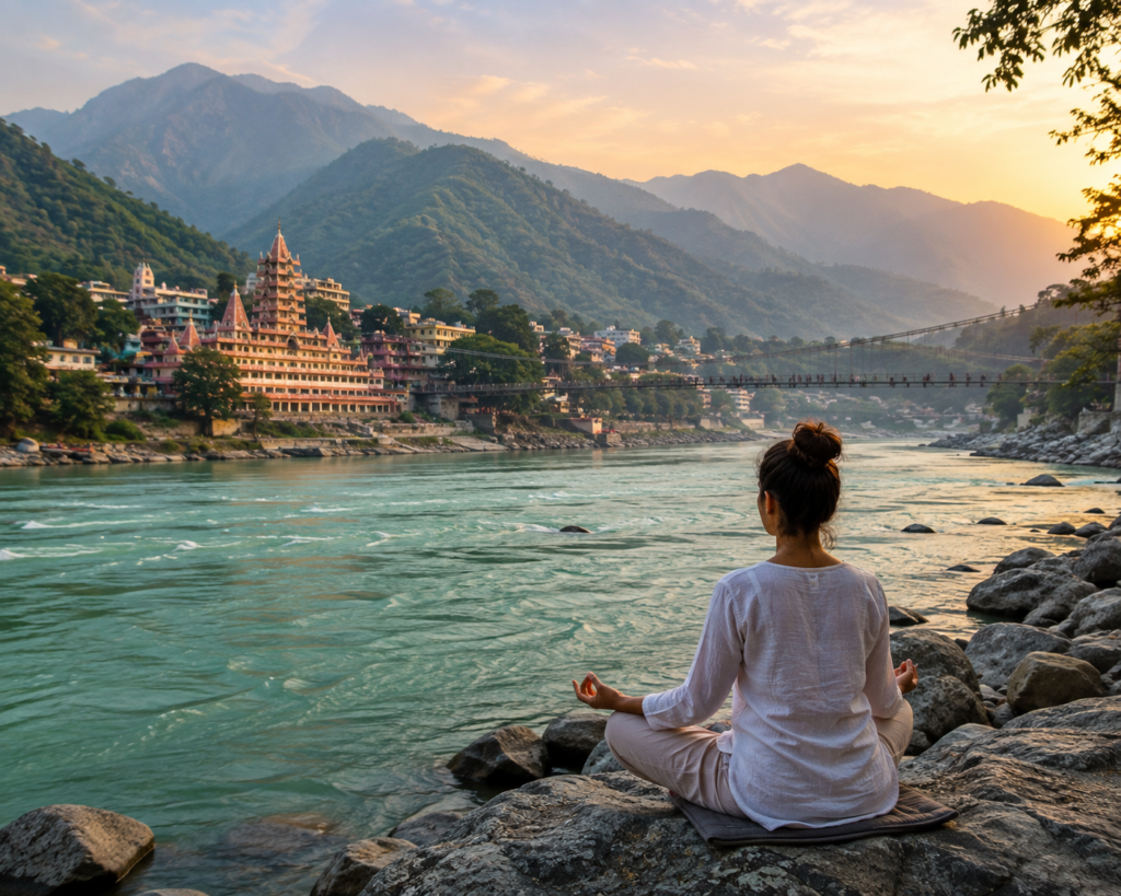 Peaceful meditation by the Ganga River in Rishikesh to enhance your yoga teacher career after 200 hour TTC.