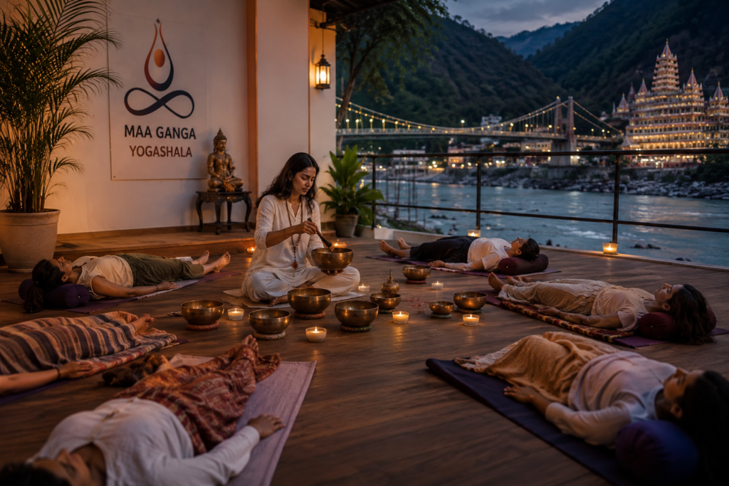 Sound healing session in Rishikesh near the Ganga