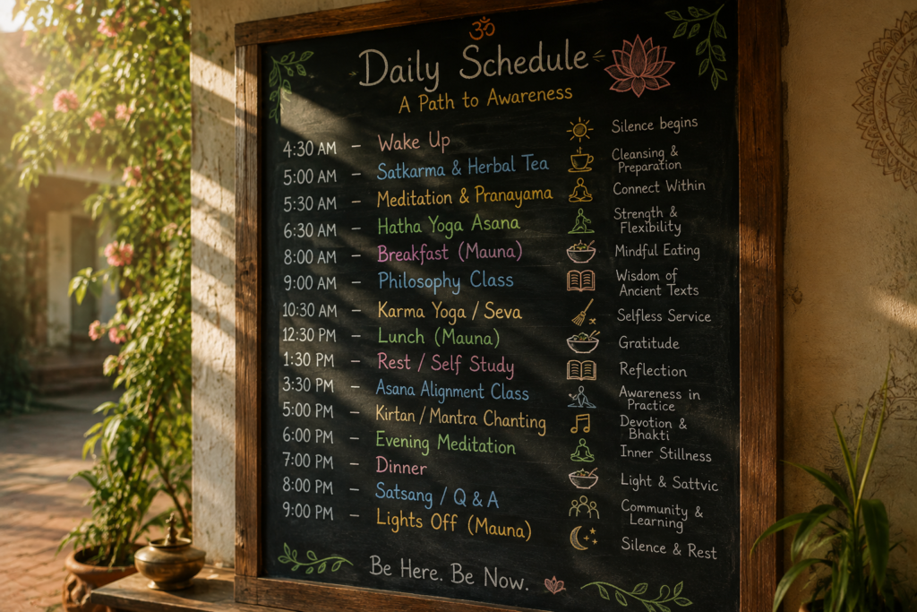 Daily schedule showing the yoga retreat vs yoga vacation difference
