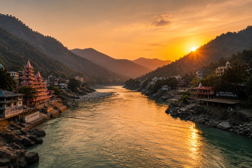 The peaceful natural landscape of Rishikesh providing the perfect environment for a sound bath.