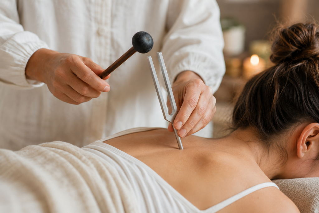 Tuning fork application for sound healing chronic pain research