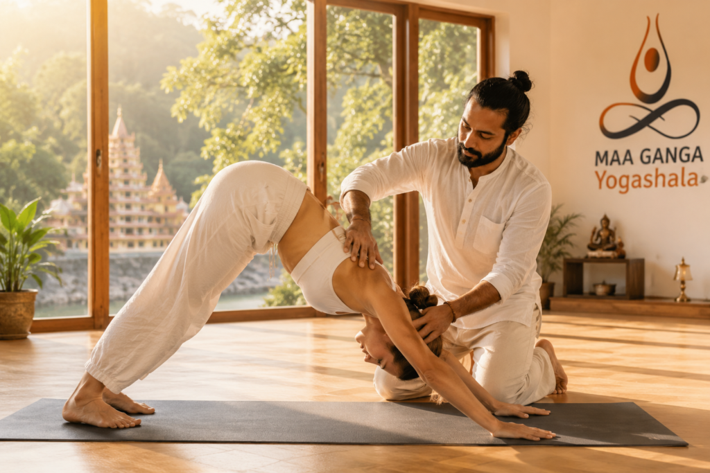 Teacher guiding vinyasa fundamentals 100 hour YTT student in downward dog