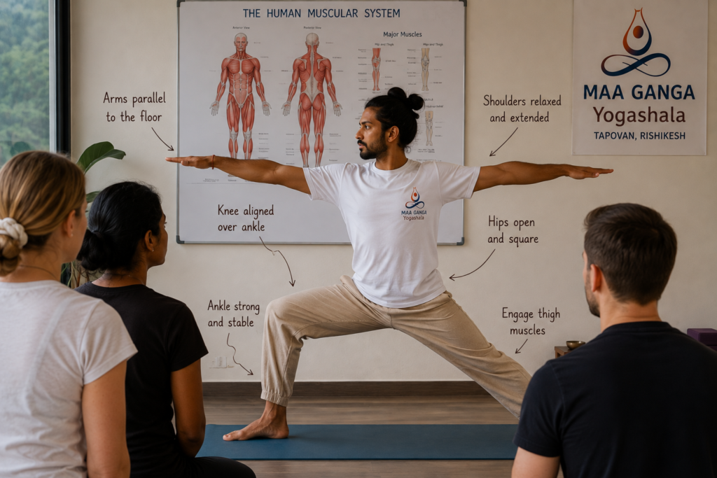 Yoga anatomy muscles and joints alignment demonstration in Rishikesh