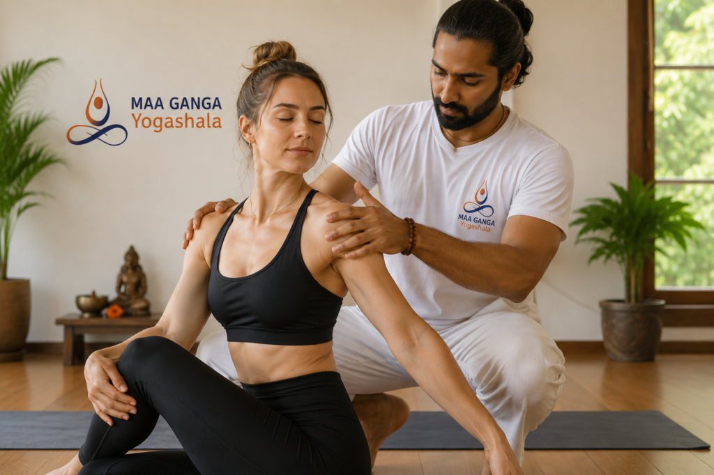 yoga teacher performing safe hands-on adjustment on student