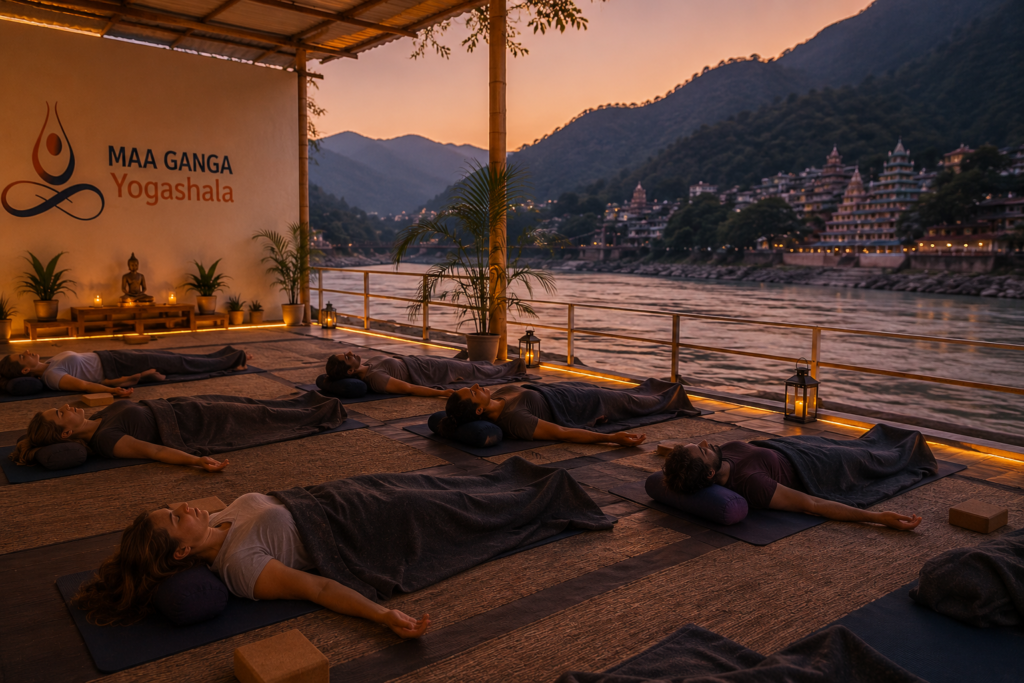 Yoga Nidra relaxation practice near the Ganga in Rishikesh