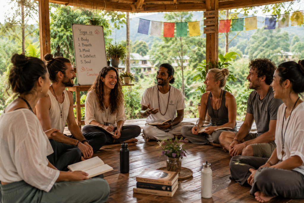 Students discussing yoga philosophy modern practice importance at Maa Ganga Yogashala.
