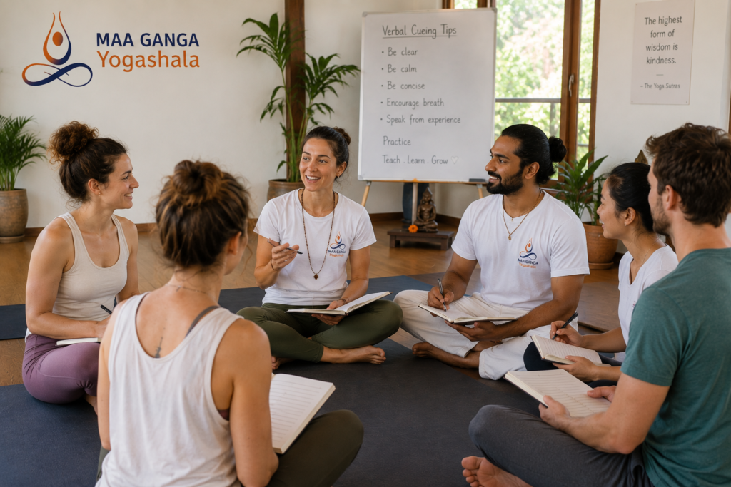 students practicing yoga teaching techniques and verbal cueing