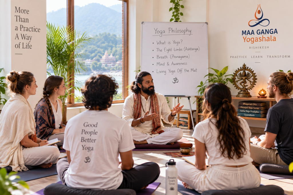 100 hour YTT Rishikesh student learning session in Tapovan