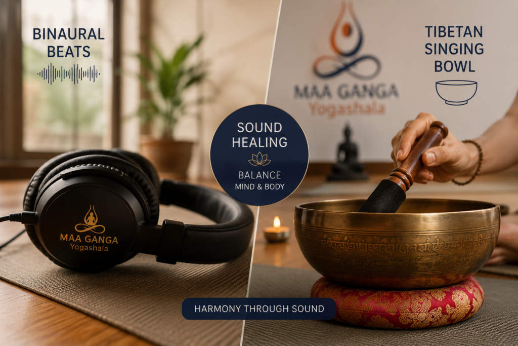 Binaural beats vs singing bowls healing comparison in Rishikesh yoga studio