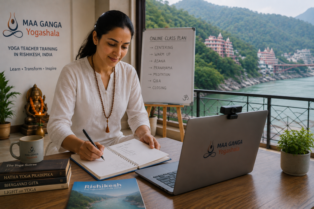 Certified yoga teacher preparing online classes in Rishikesh