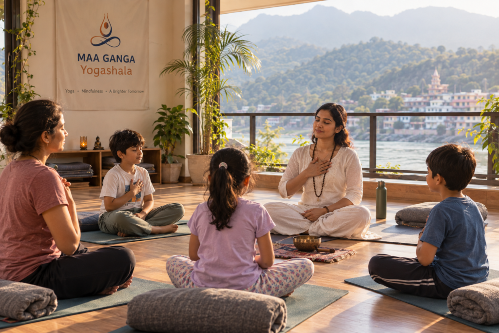 Sound healing for children benefits safety during family yoga in Rishikesh