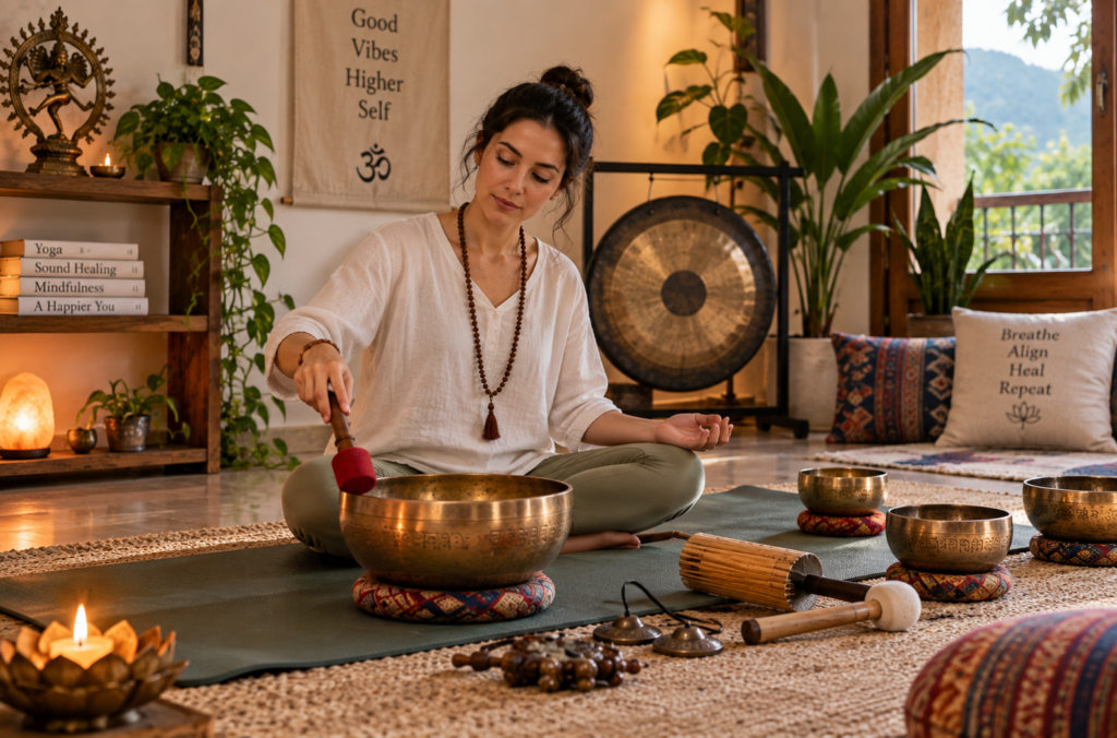 sound healing space home setup with singing bowl in Rishikesh style