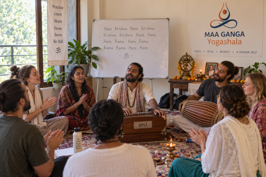Kirtan bhajan devotional music healing practice at a Rishikesh yoga school
