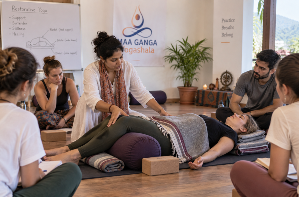 Restorative yoga 200-hour TTC curriculum prop practice in Rishikesh