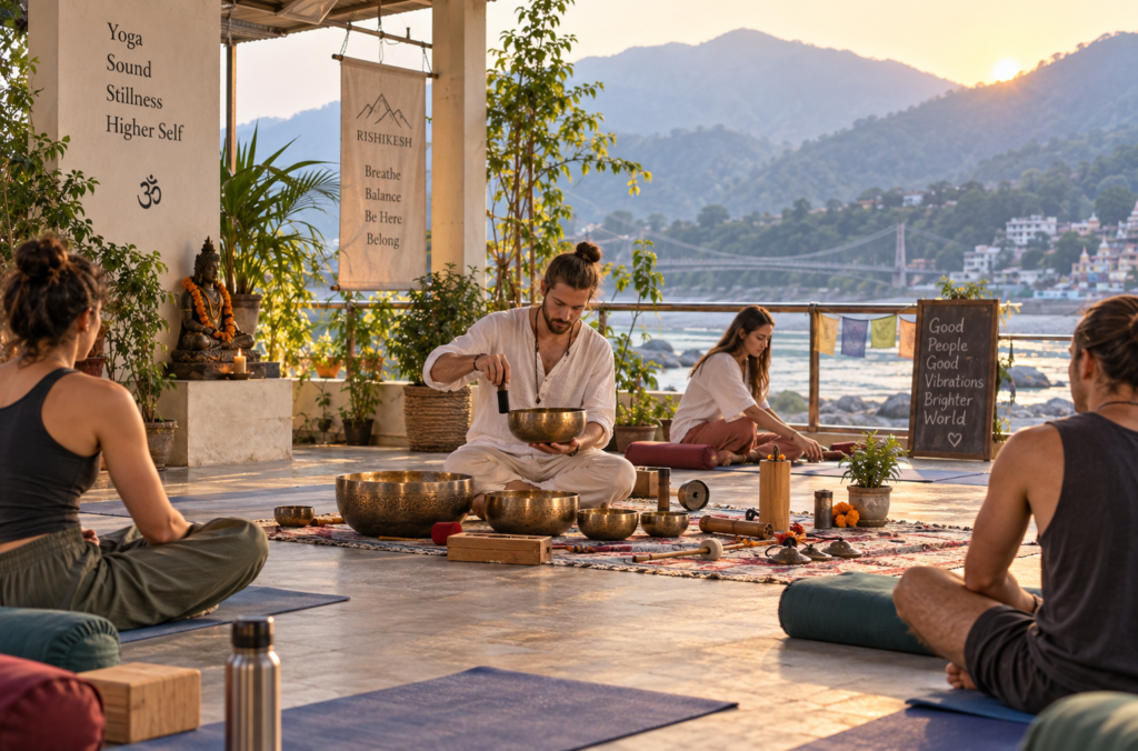 sound healing space home setup inspired by Rishikesh yoga practice