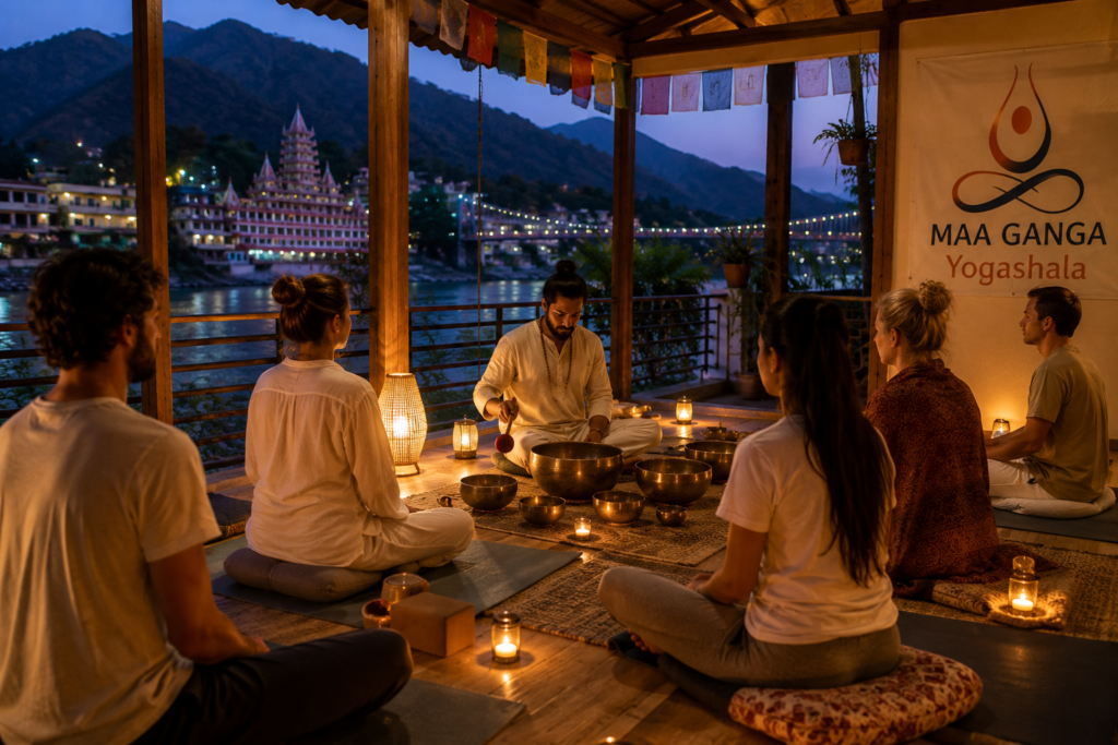 Sound healing with singing bowls in Rishikesh near the Ganga