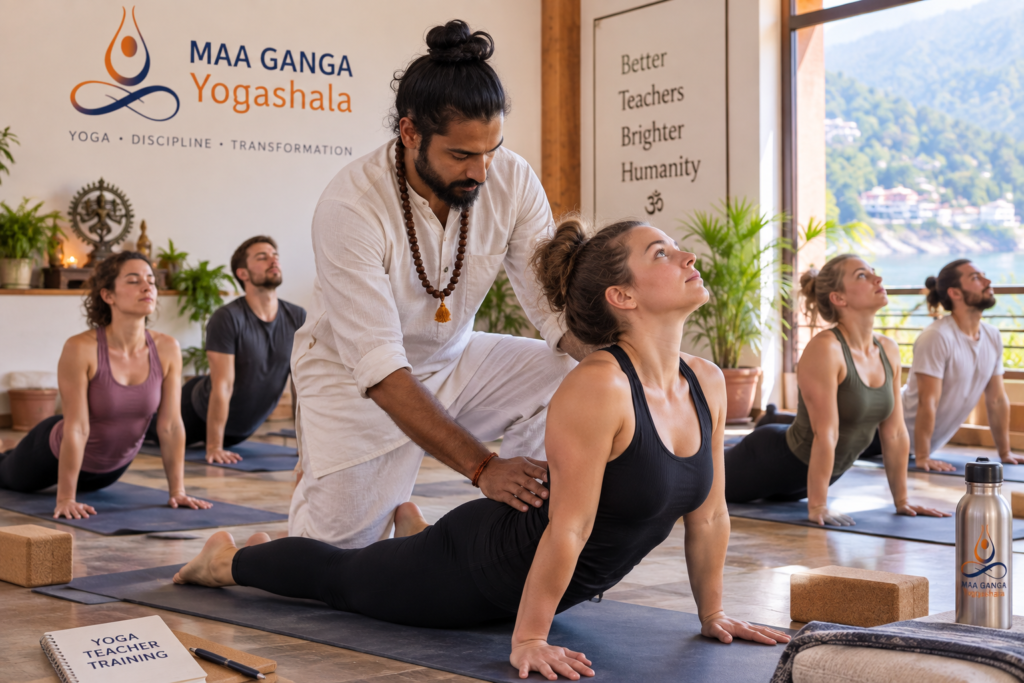 Yoga faculty teaching alignment at Maa Ganga Yogashala in Rishikesh