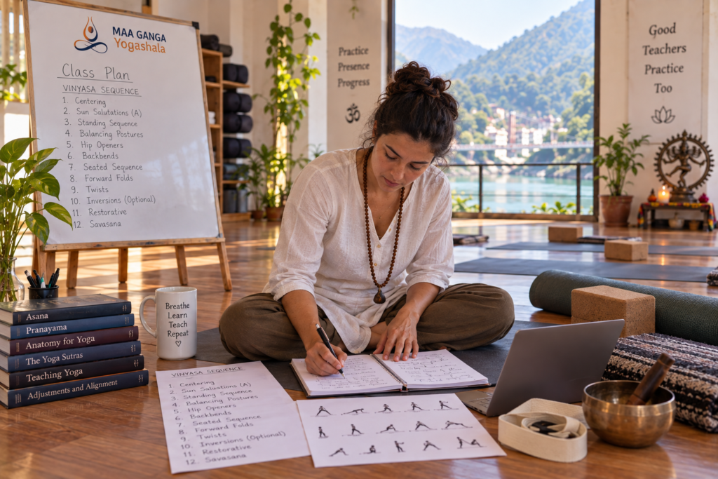 Yoga class plan template new teacher preparing a class in Rishikesh