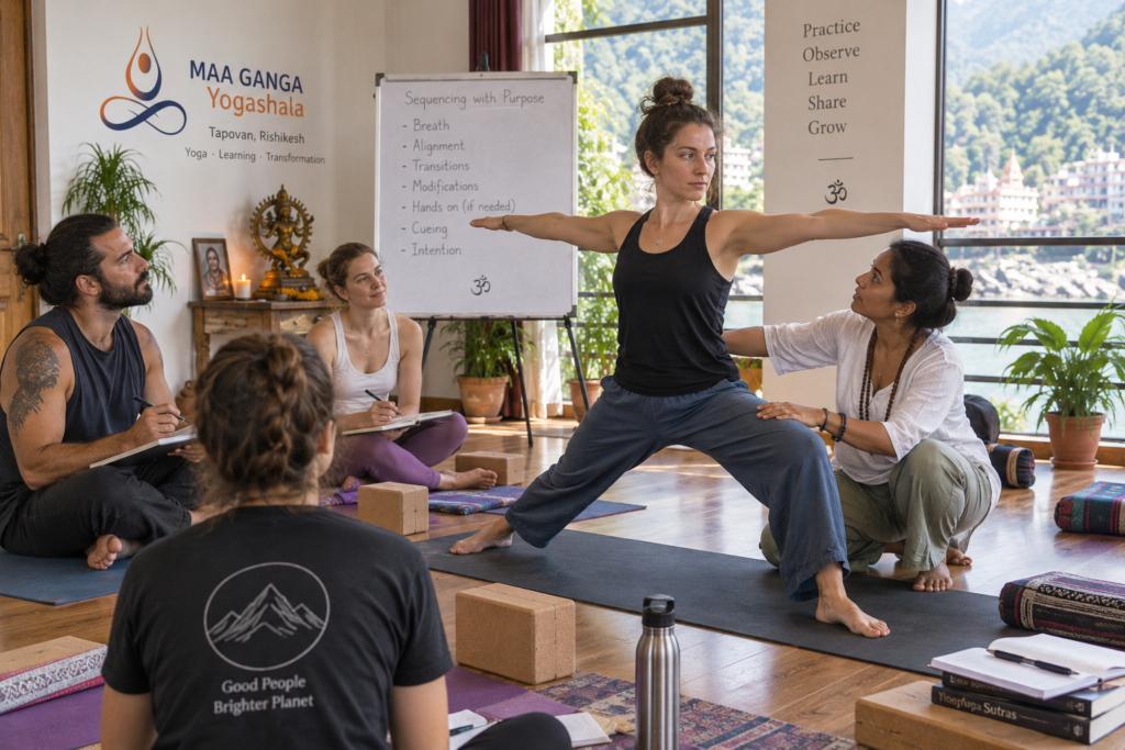 Yoga teacher training group community practicing teaching and feedback in Rishikesh
