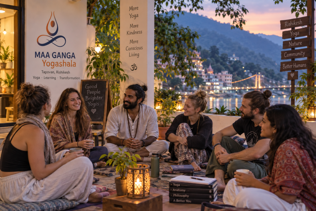 Yoga teacher training group dynamics community gathering in Tapovan Rishikesh